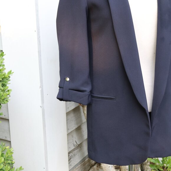 Zara Navy Blue Open Long Blazer w Rolled Up Button Tab Sleeves Sz SMALL - Picture 3 of 7